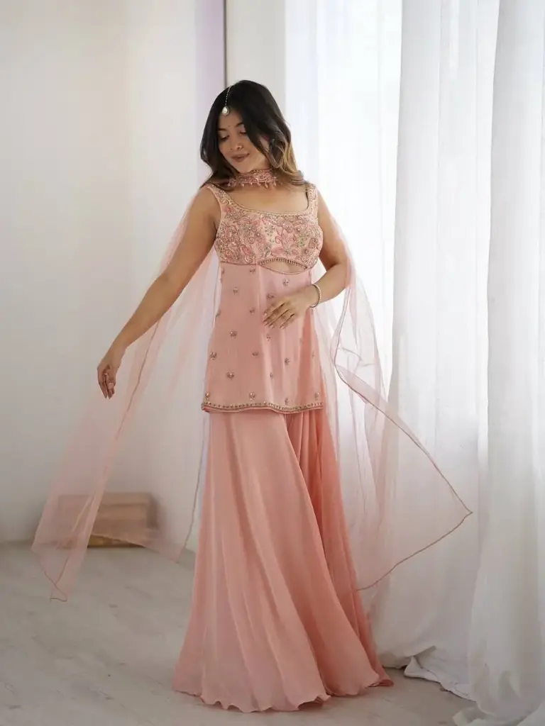 Peach Sequin Embroidered Georgette Indo-Western Set
