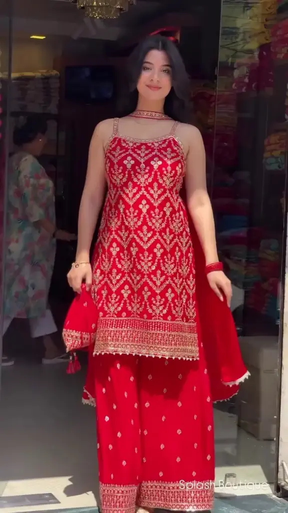 Red Embroidered Faux Georgette Palazzo Set with Sequins & Dupatta (M)