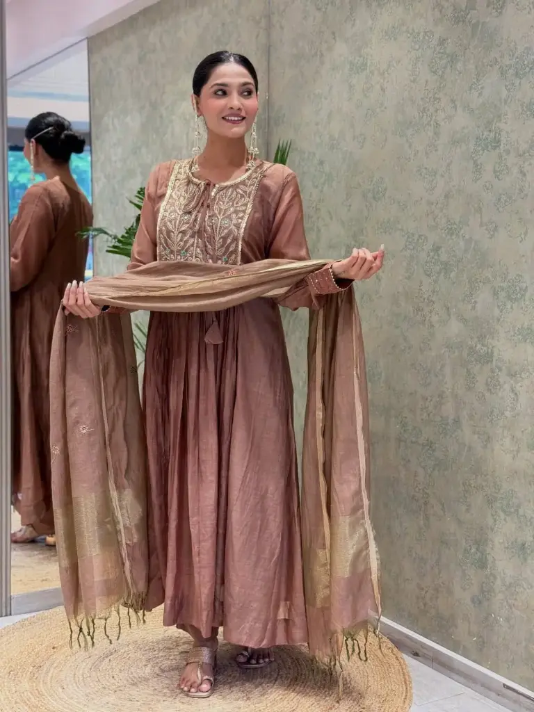 Brown Embroidered Mul Chanderi Anarkali Suit Set (M)