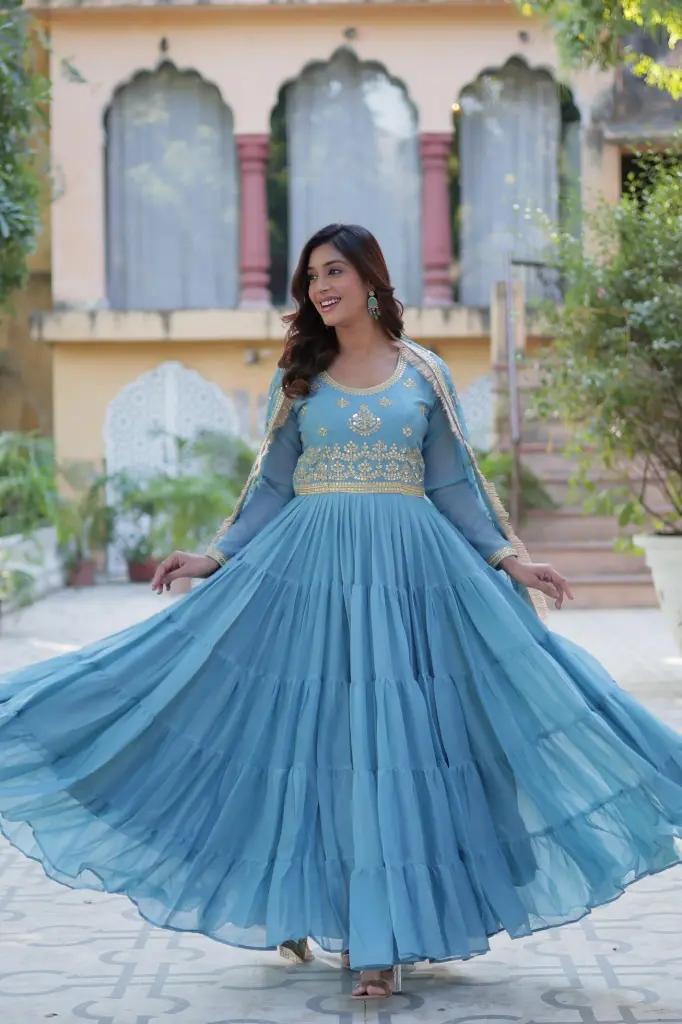Premium Star Georgette Fully Flared Anarkali with Designer Embroidered Dupatta (Blue, M)