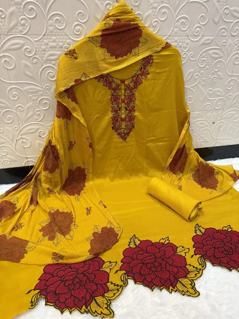 Rayon Embroidered Unstitched Suit with Chiffon Dupatta