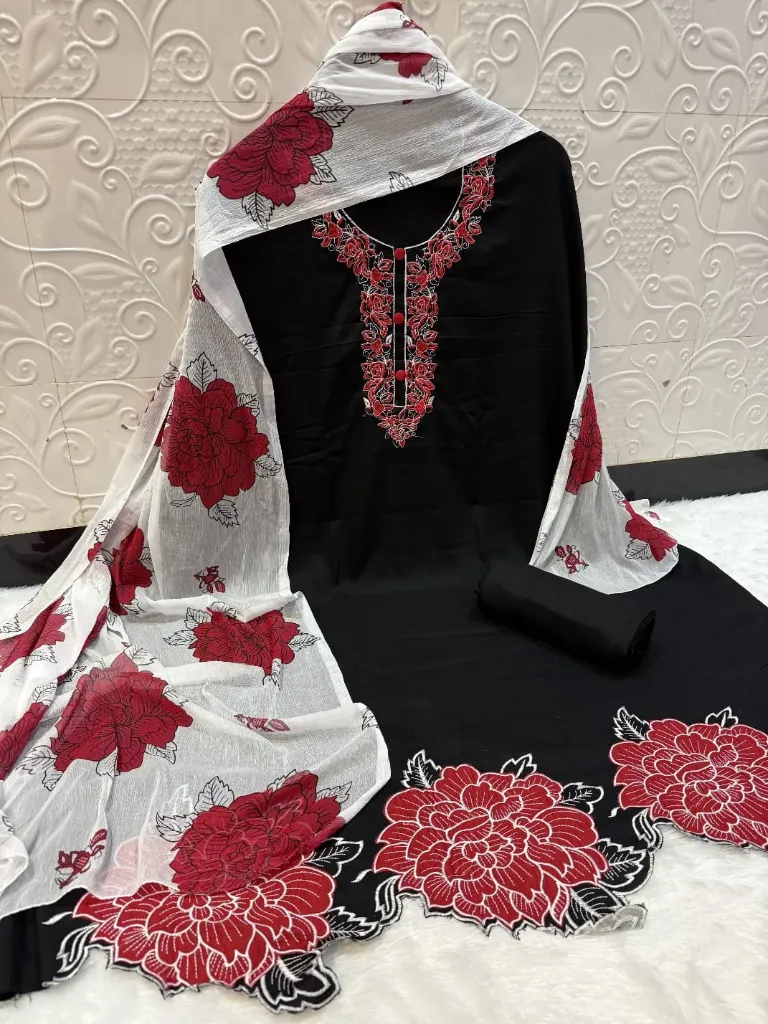 Rayon Embroidered Unstitched Suit with Chiffon Dupatta