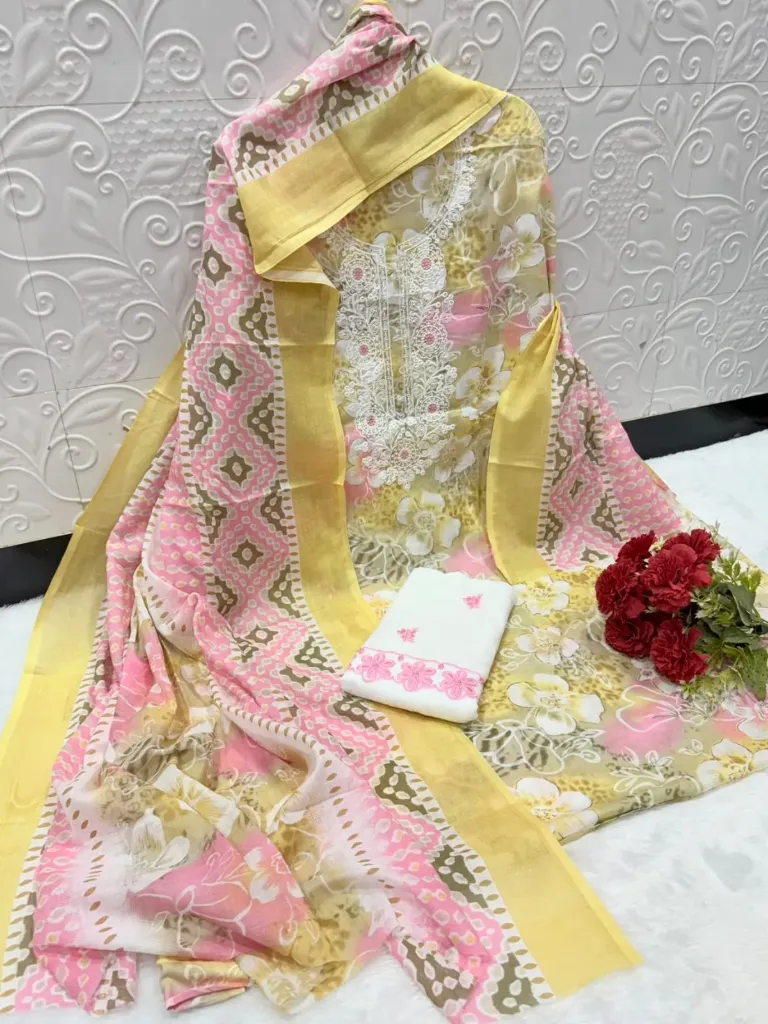 Cotton Embroidered Unstitched Suit with Printed Dupatta
