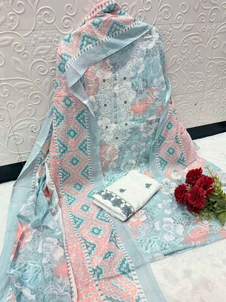 Cotton Embroidered Unstitched Suit with Printed Dupatta (Blue)
