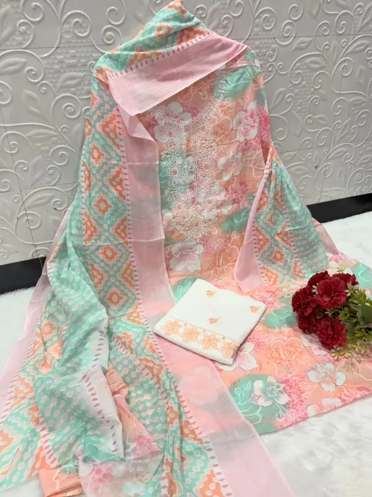 Cotton Embroidered Unstitched Suit with Printed Dupatta