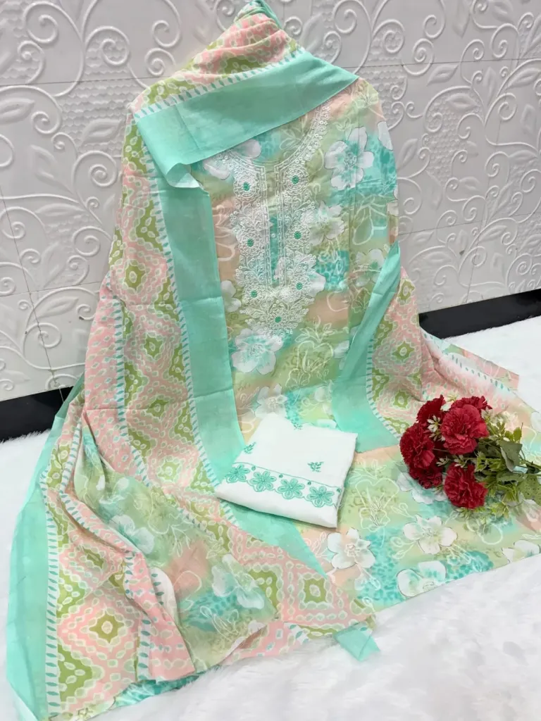 Cotton Embroidered Unstitched Suit with Printed Dupatta