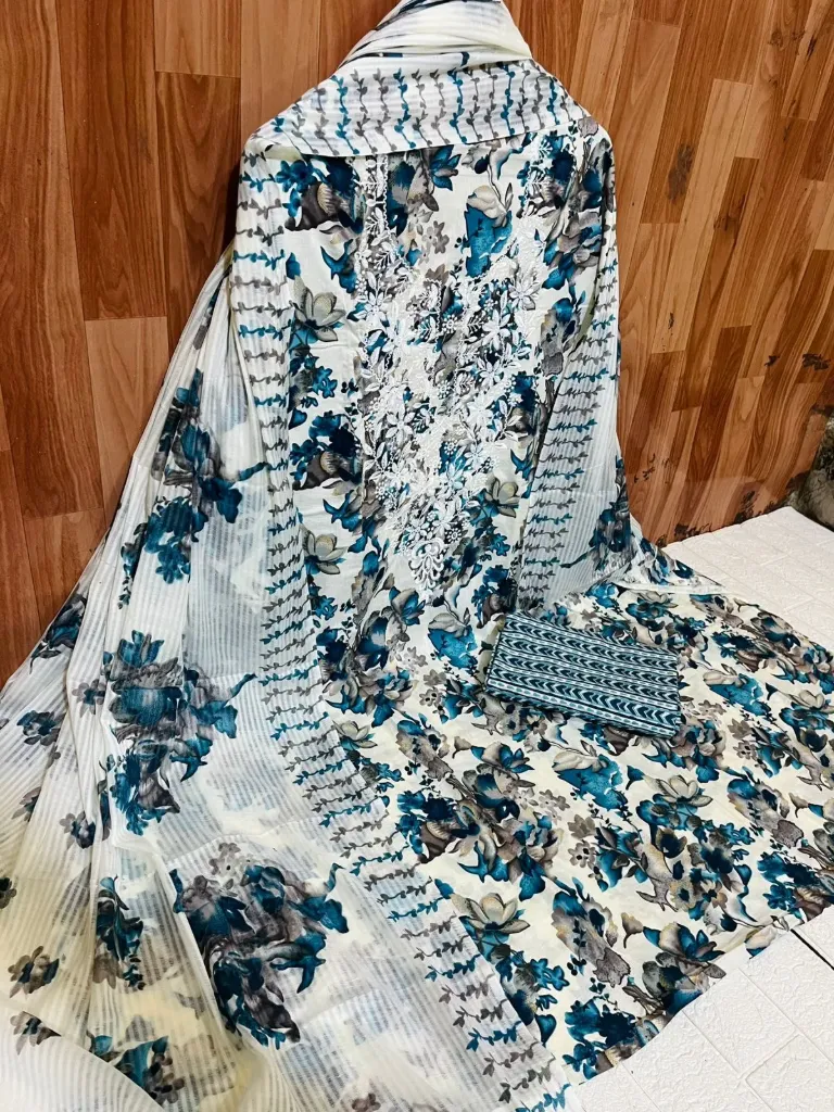 Floral Printed Cotton Embroidery Unstitched Suit Set