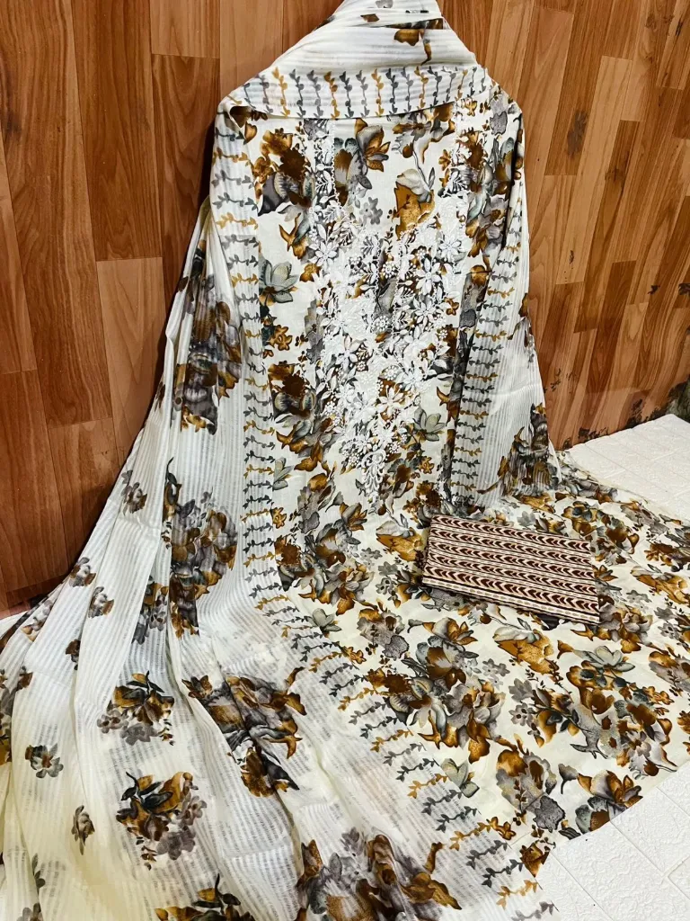 Floral Printed Cotton Embroidery Unstitched Suit Set