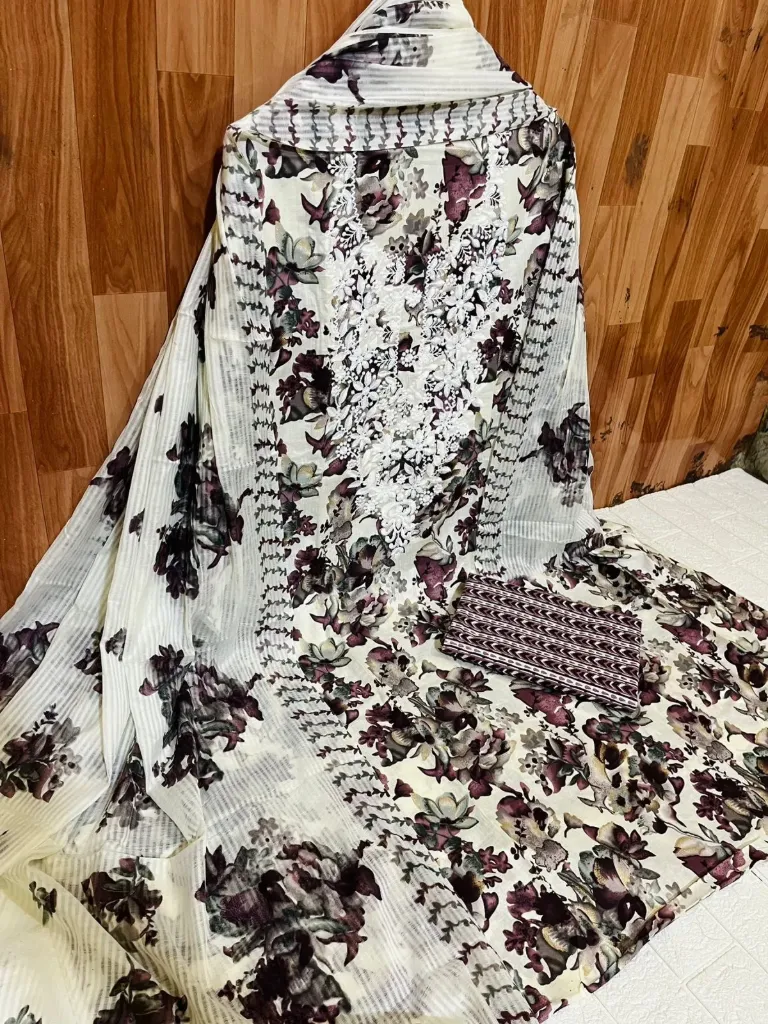 Floral Printed Cotton Embroidery Unstitched Suit Set
