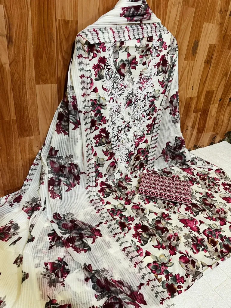 Floral Printed Cotton Embroidery Unstitched Suit Set