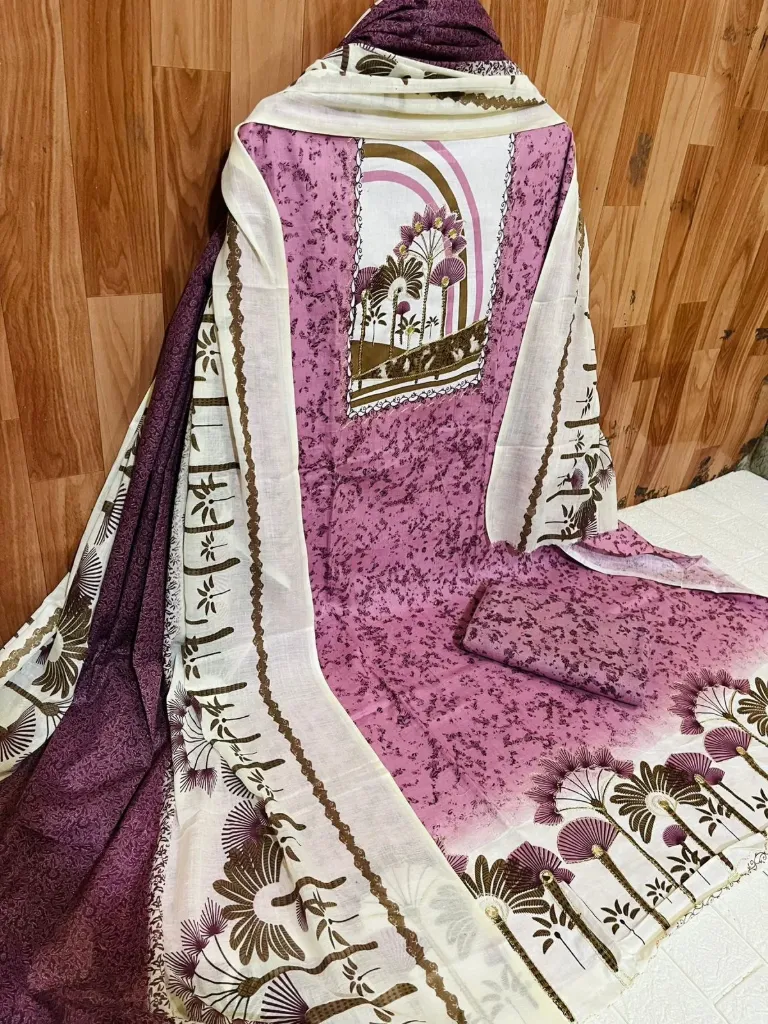 Pure Cotton Floral Neck Embroidery Unstitched Suit Set (Pink)