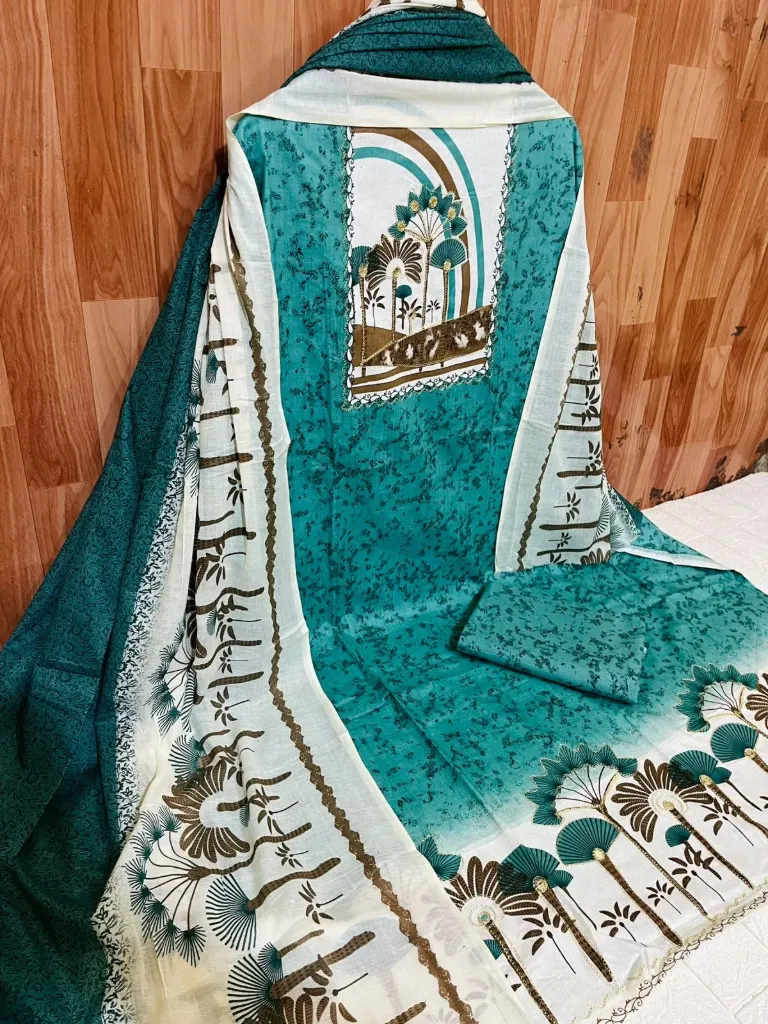 Pure Cotton Floral Neck Embroidery Unstitched Suit Set