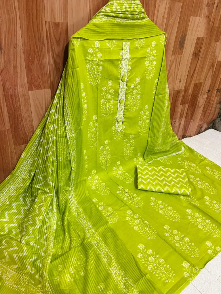 Cotton Floral Neck Embroidery Unstitched Suit Set (Neon Green)