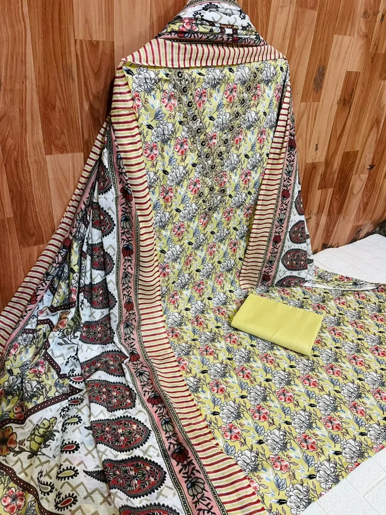 Pure Cotton Floral Neck Embroidered Unstitched Suit Set