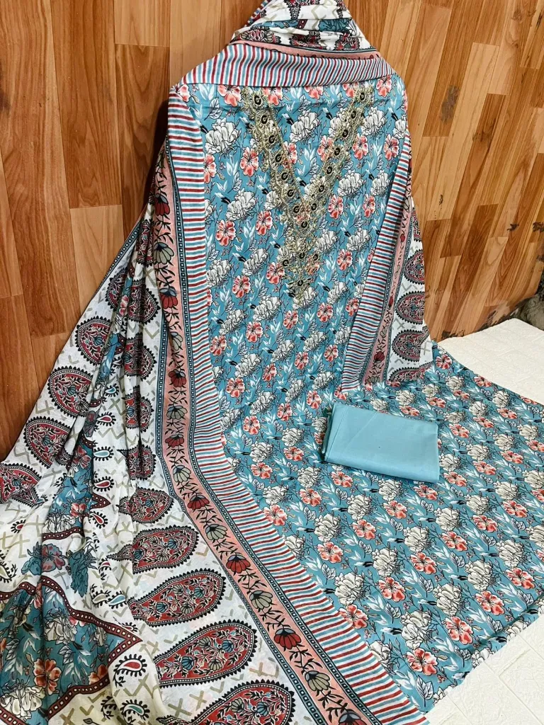 Pure Cotton Floral Neck Embroidered Unstitched Suit Set (Blue)