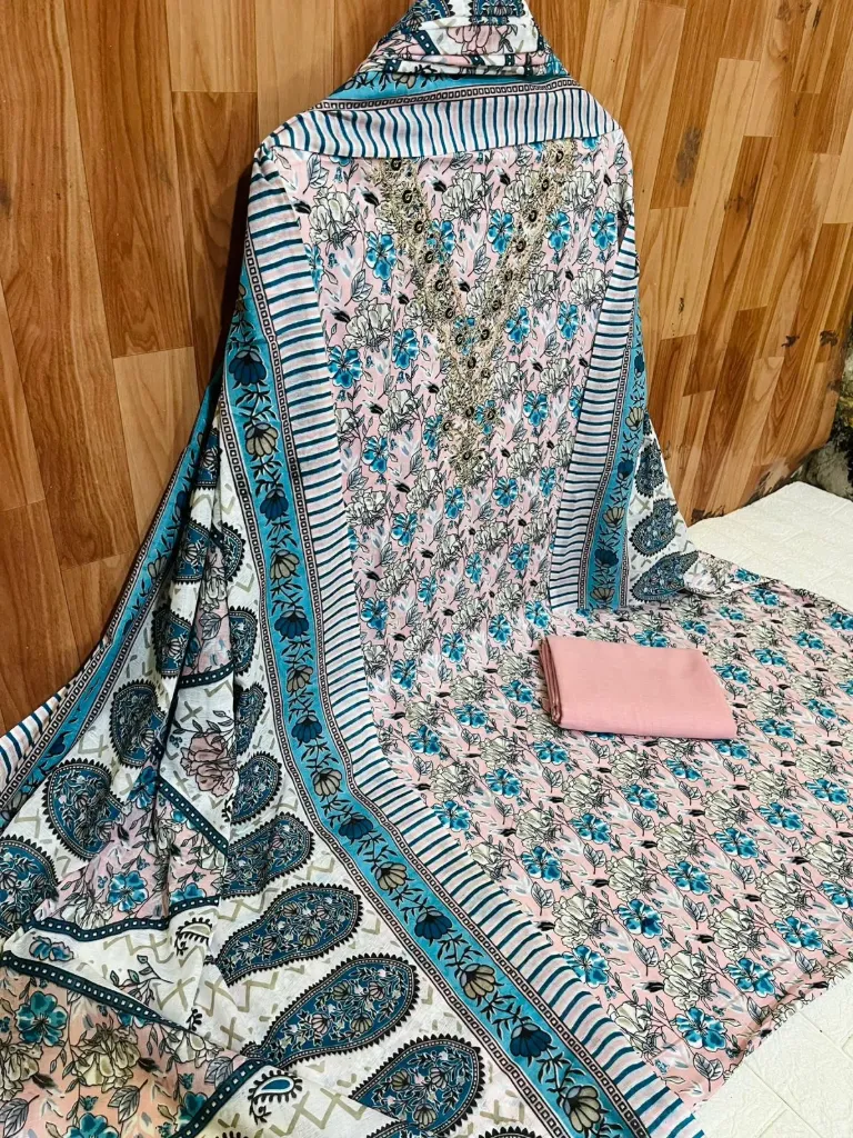 Pure Cotton Floral Neck Embroidered Unstitched Suit Set