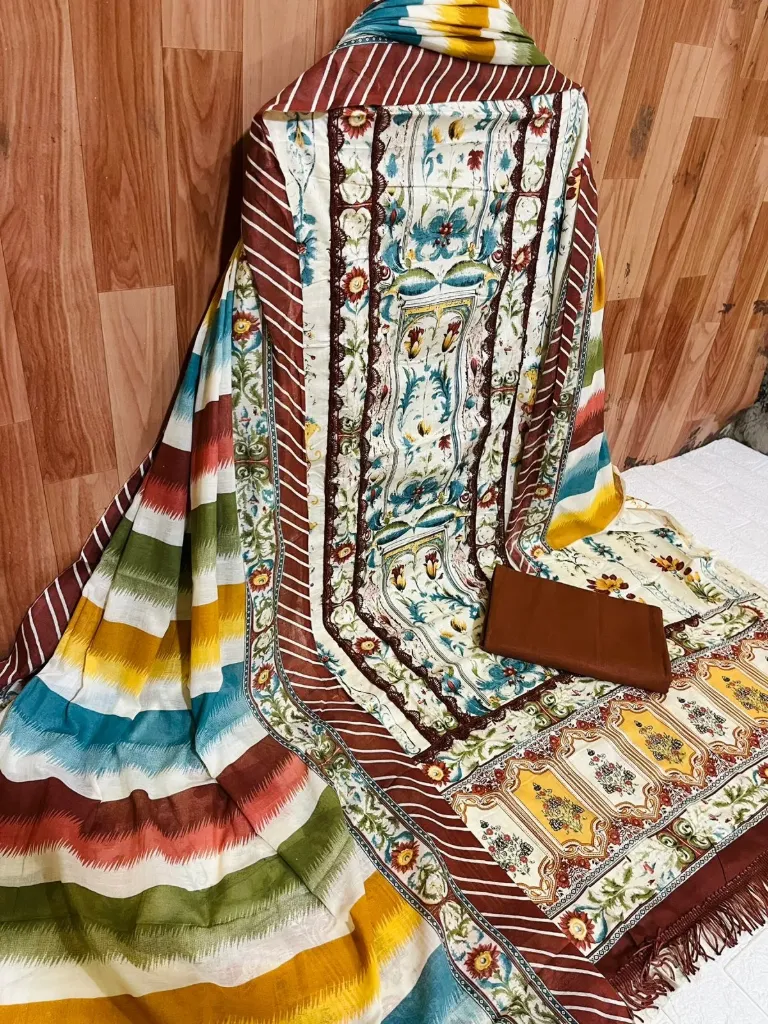 Pure Cotton Floral Striped Neck Embroidery Unstitched Suit Set