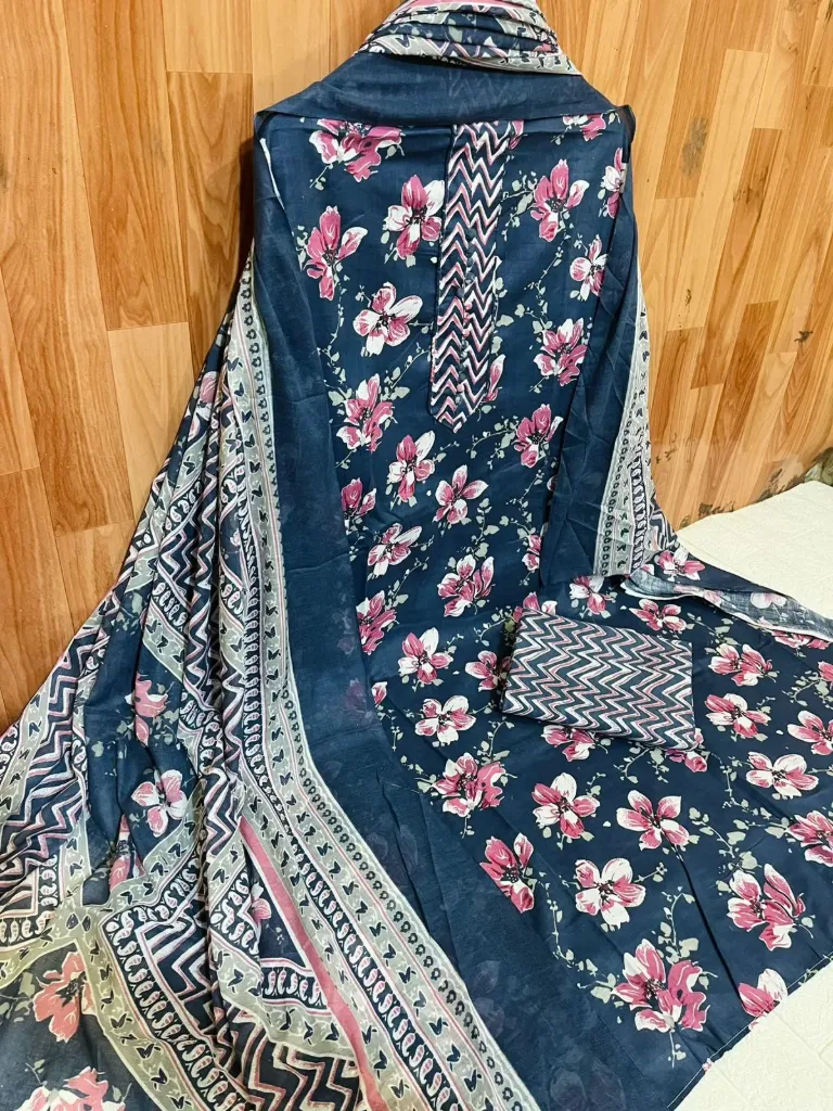 Pure Cotton Floral Neck Embroidery Unstitched Suit Set (Blue)