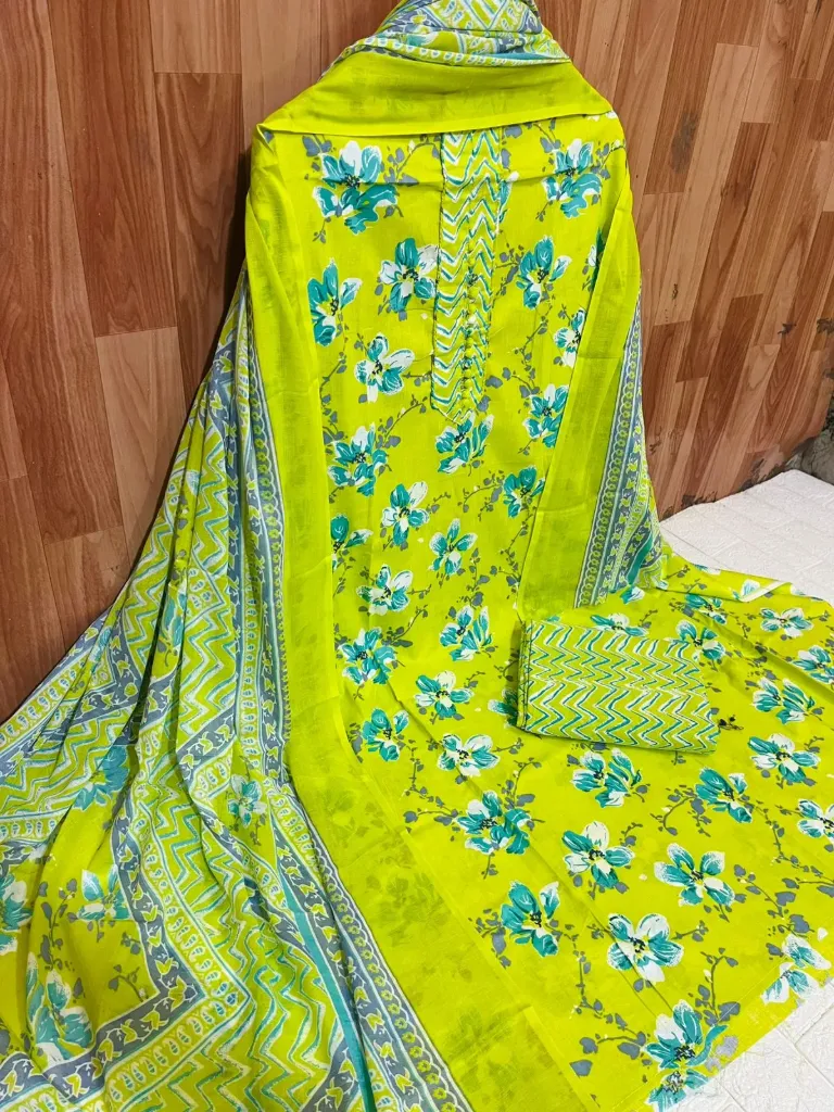 Pure Cotton Floral Neck Embroidery Unstitched Suit Set