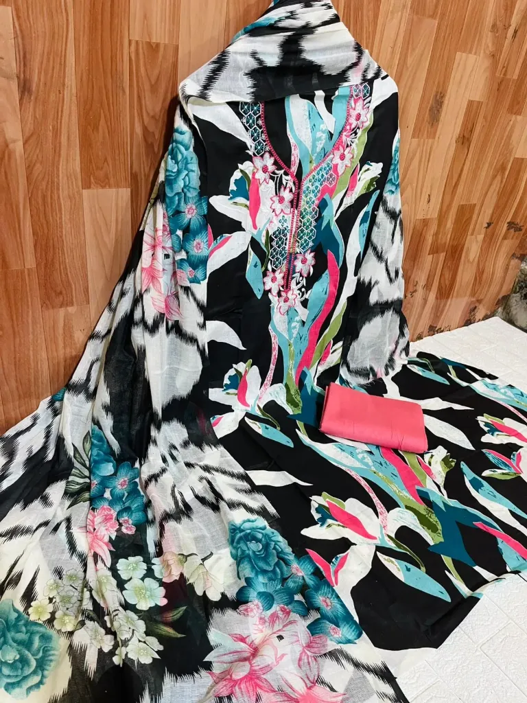 Pure Cotton Floral Neck Embroidered Work Unstitched Suit Set