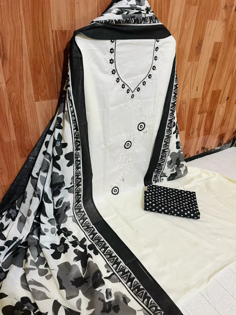 Pure Cotton Abstract Floral Neck Embroidery Unstitched Suit Set