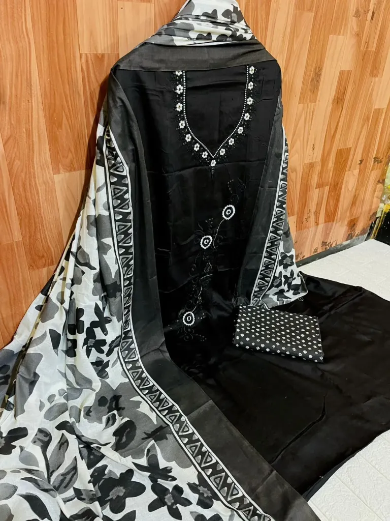Pure Cotton Abstract Floral Neck Embroidery Unstitched Suit Set