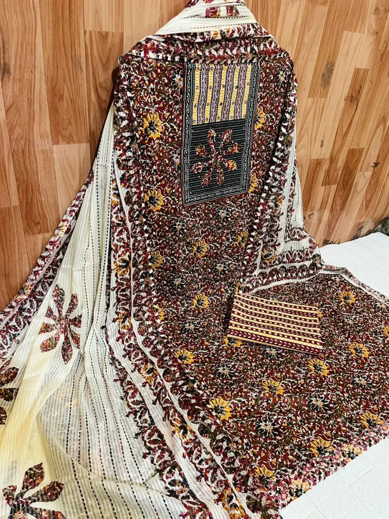 Pure Cotton Floral Neck with Embroidered Unstitched Suit Set (Maroon)