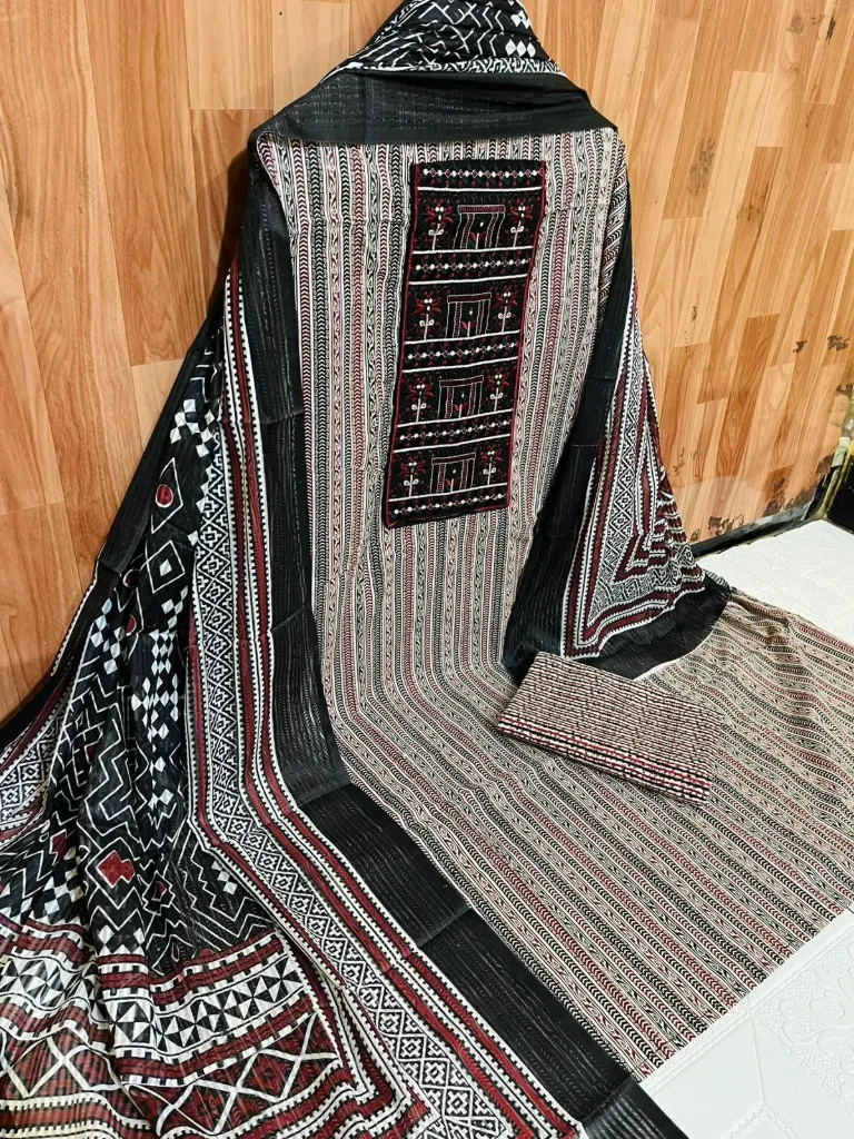 Pure Cotton Geometric Neck Embroidery Unstitched Suit Set