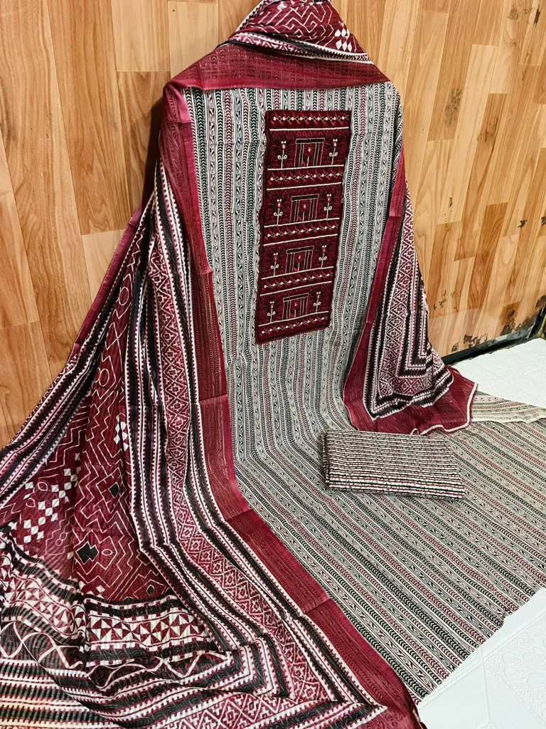 Pure Cotton Geometric Neck Embroidery Unstitched Suit Set (Maroon)