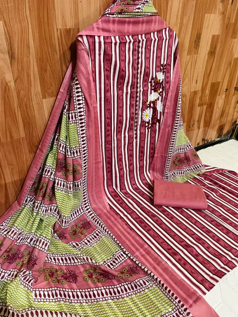 Pure Cotton Striped Floral Neck Embroidery Unstitched Suit Set