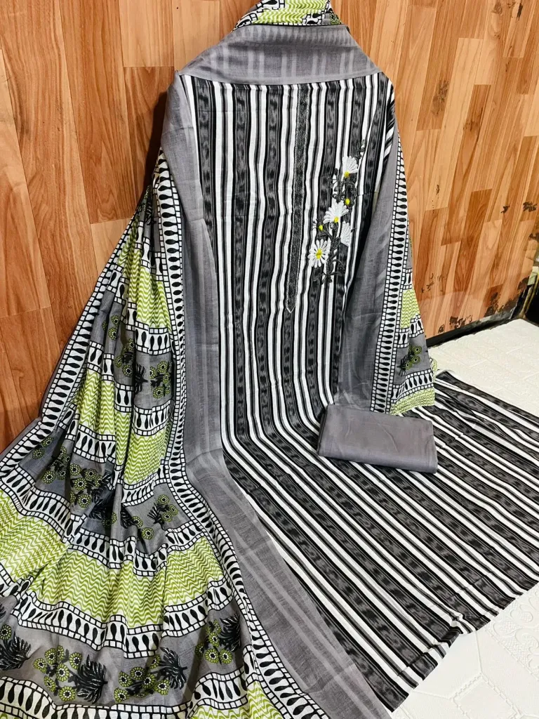 Pure Cotton Striped Floral Neck Embroidery Unstitched Suit Set