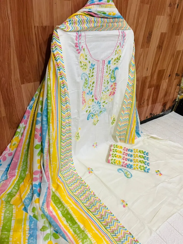 Pure Cotton Floral Neck Embroidery Unstitched Suit Set