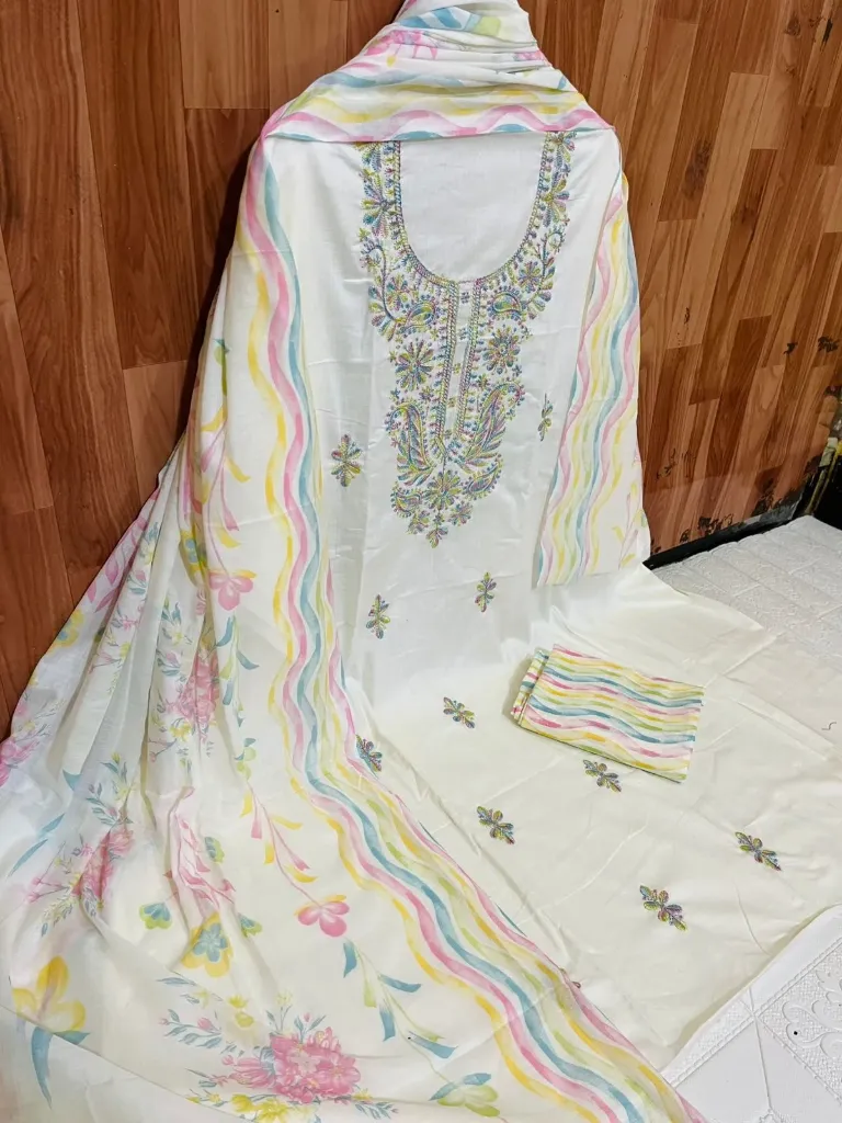 Pure Cotton Floral Heavy Neck Embroidery Unstitched Suit Set