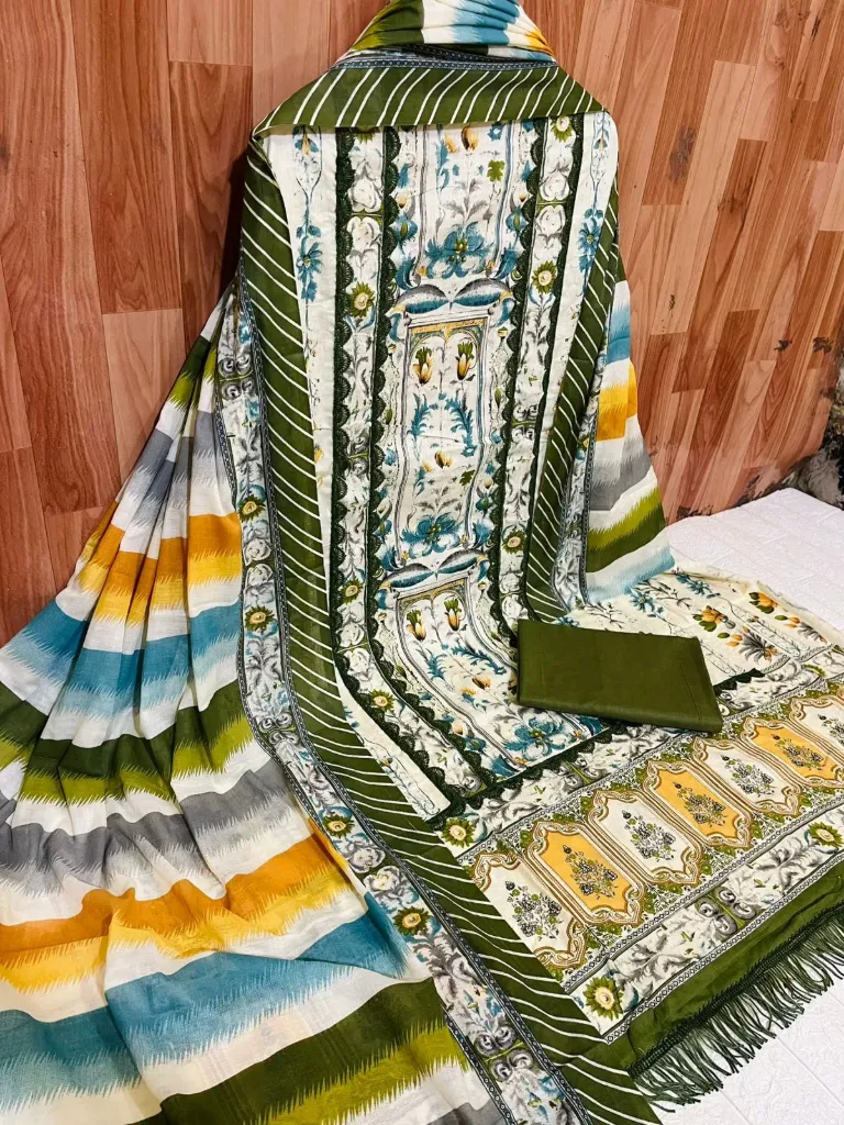 Pure Cotton Floral Striped Neck Embroidery Unstitched Suit Set