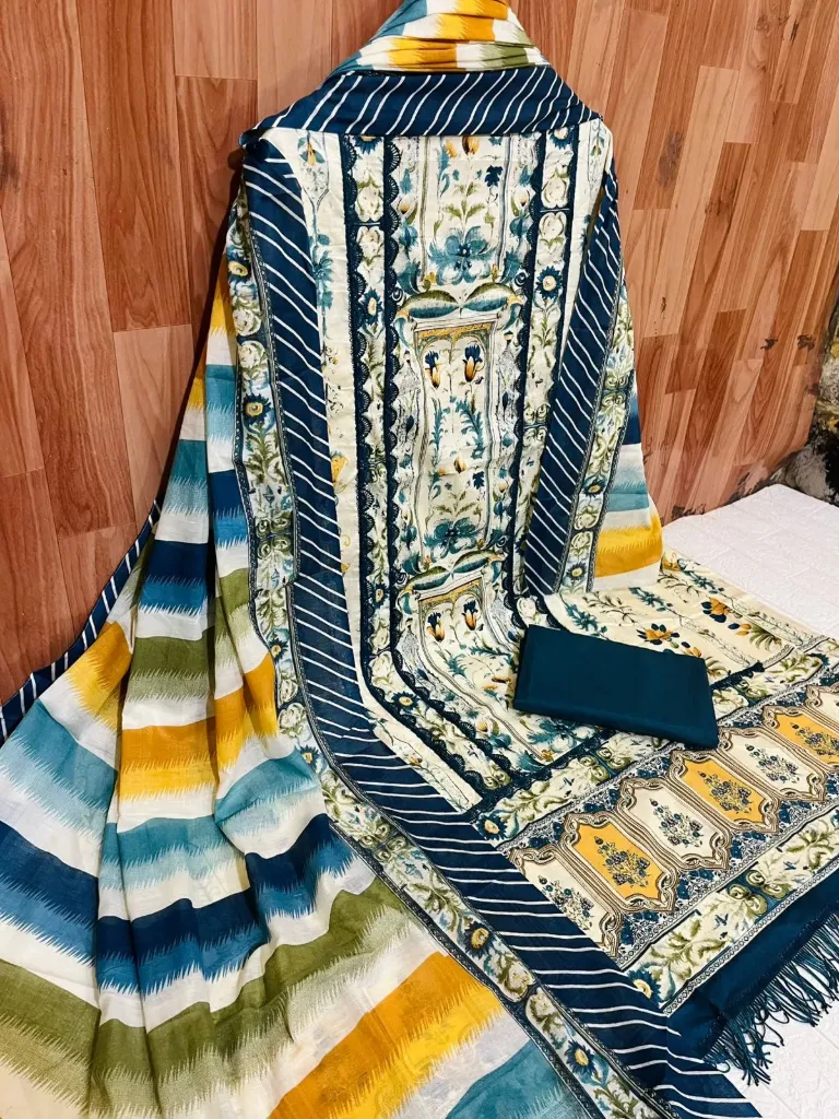 Pure Cotton Floral Striped Neck Embroidery Unstitched Suit Set