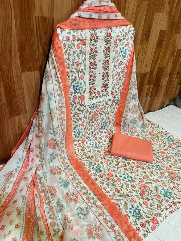 Pure Cotton Floral Neck Embroidery Unstitched Suit