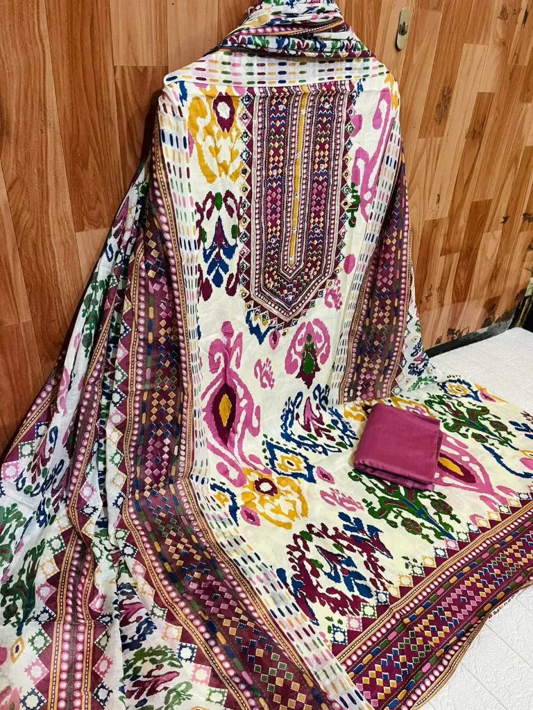 Pure Cotton Ikat Tribal Heavy Neck Embroidery Unstitched Suit Set (Pink)