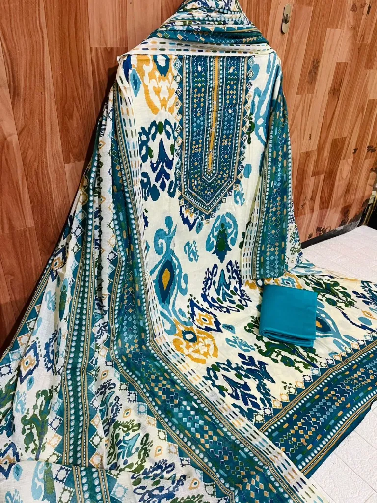 Pure Cotton Ikat Tribal Heavy Neck Embroidery Unstitched Suit Set