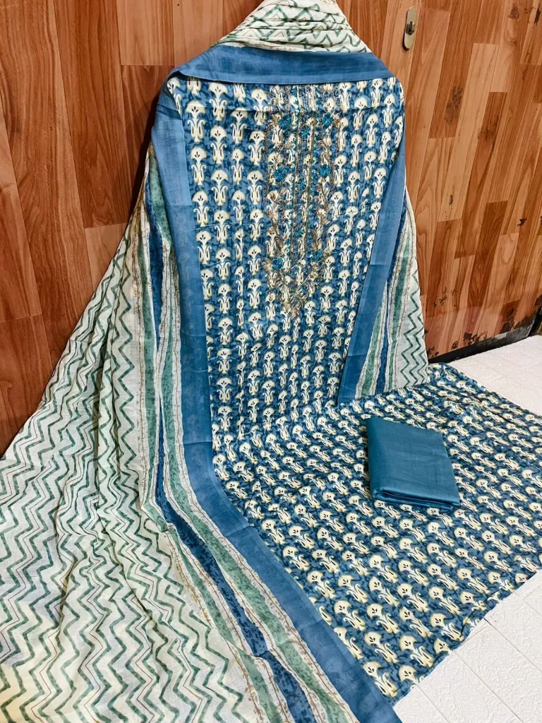 Pure Cotton Paisley Jaal Heavy Neck Embroidery Unstitched Suit Set (Blue)