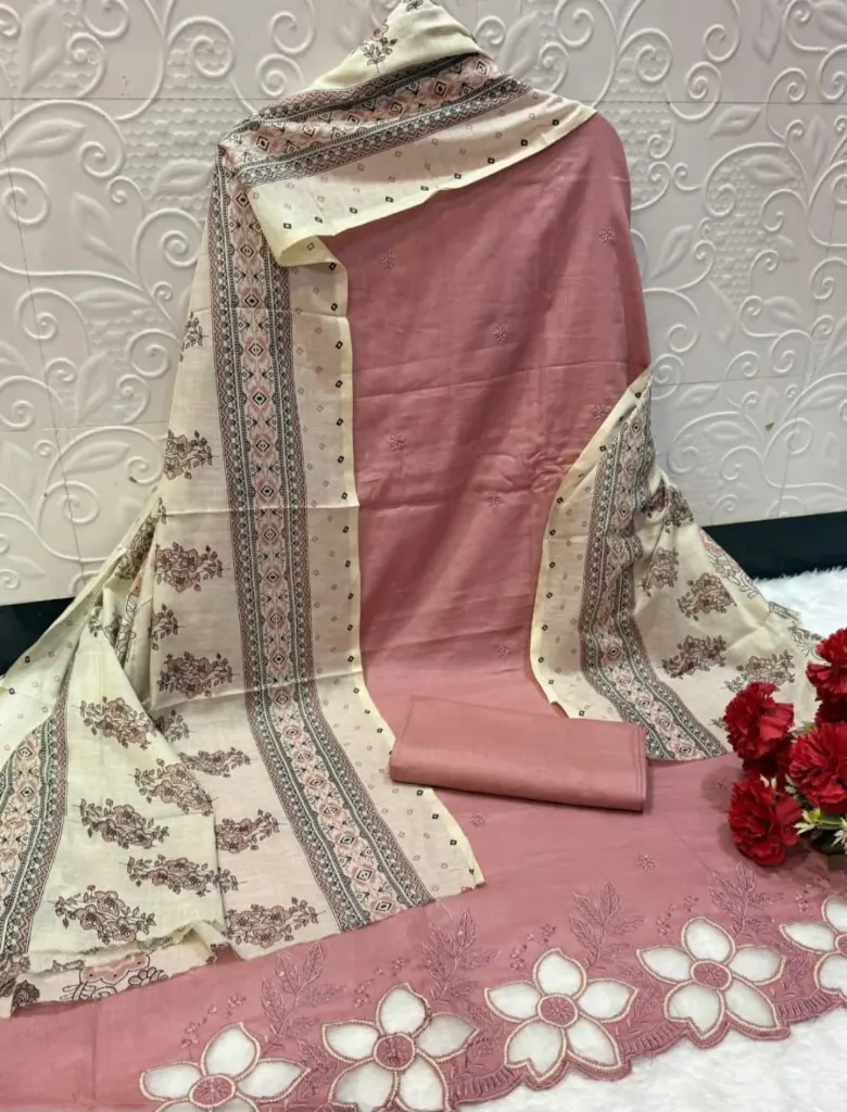 Pure Cotton Floral Scalloped Border Unstitched Suit Set