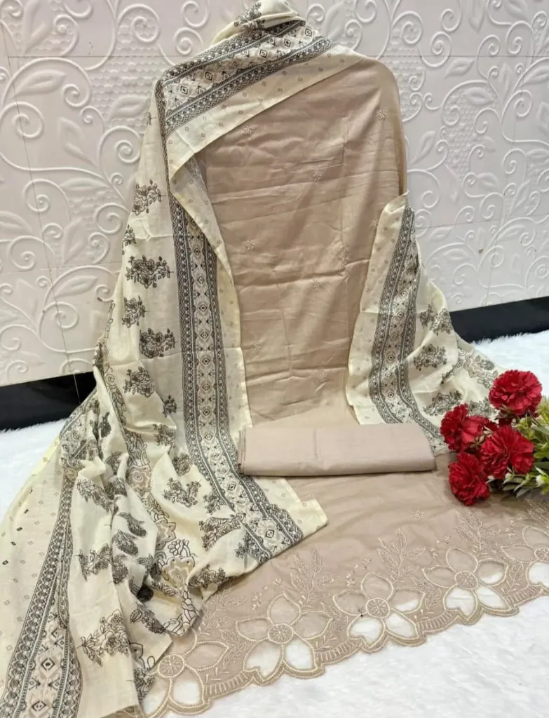Pure Cotton Floral Scalloped Border Unstitched Suit Set