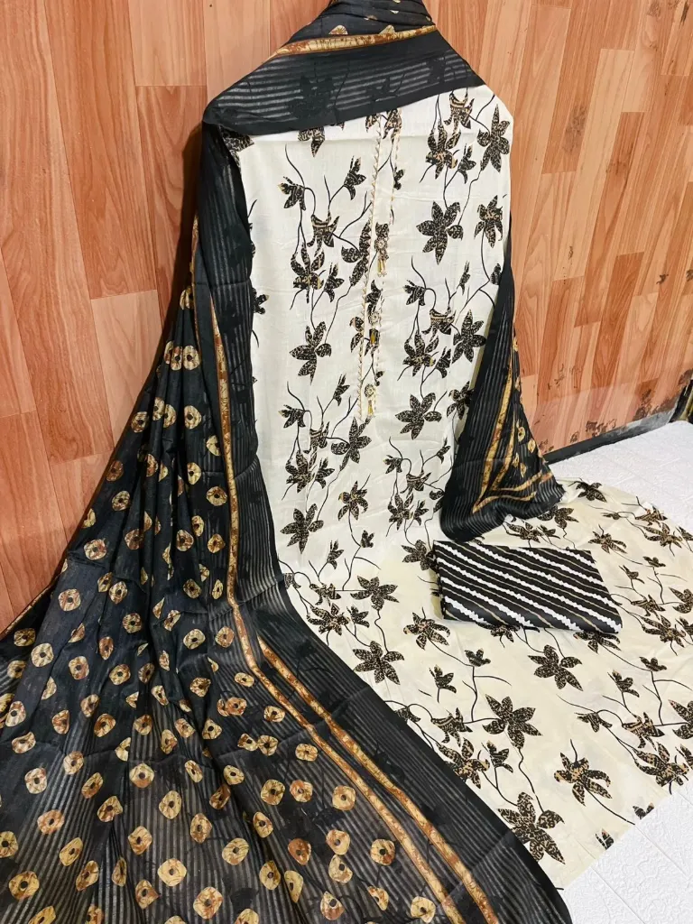 Pure Cotton Golden Leaf Vine Neck Embroidery Unstitched Suit Set