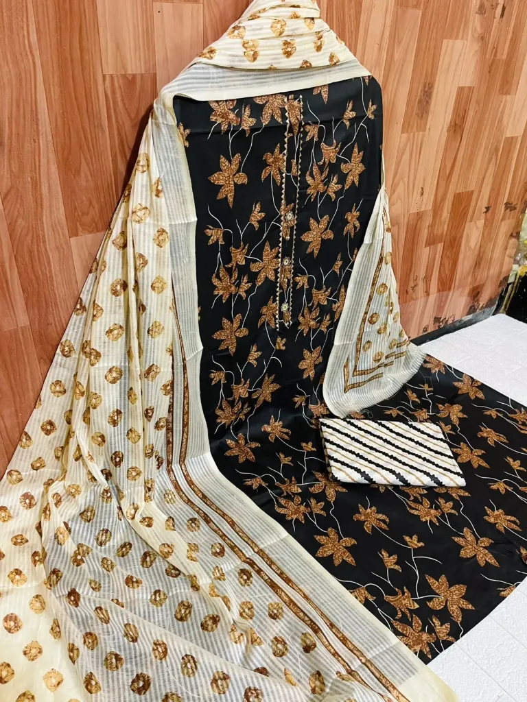 Pure Cotton Golden Leaf Vine Neck Embroidery Unstitched Suit Set