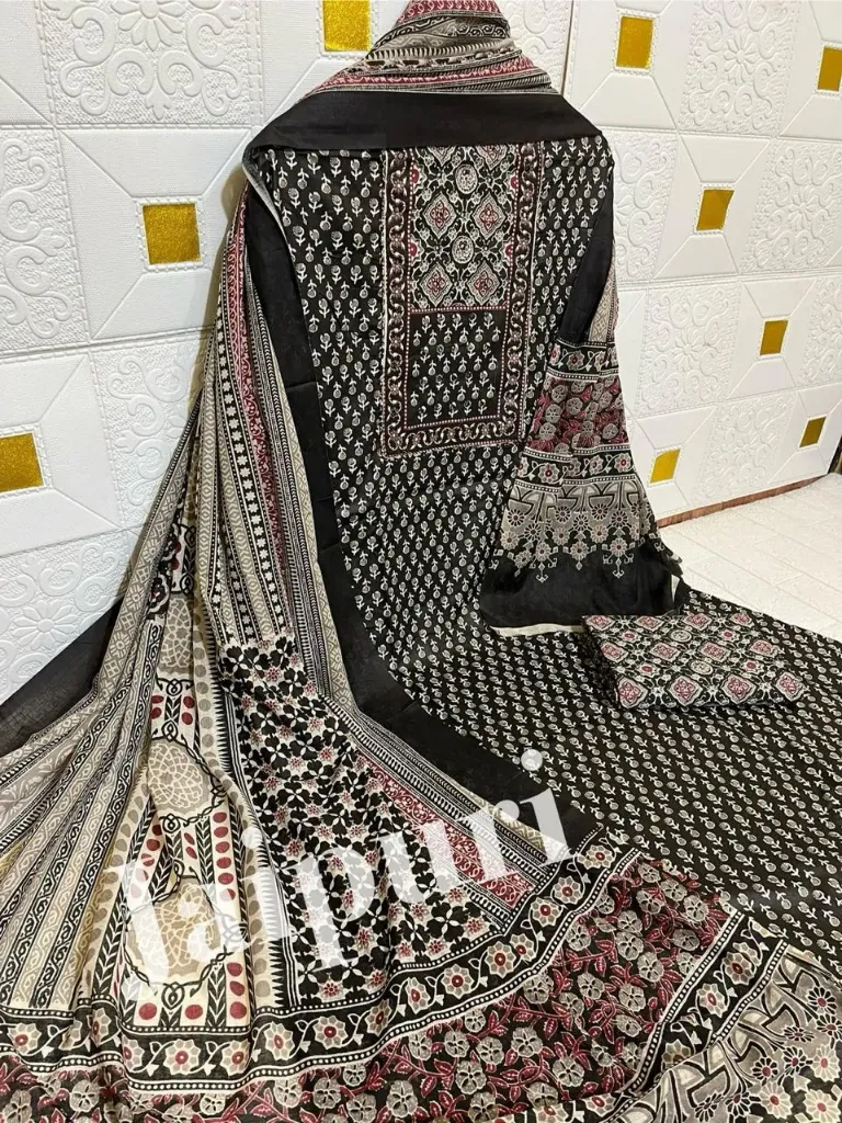 Pure Cotton Block Print Geometric Jaal Unstitched Suit Set