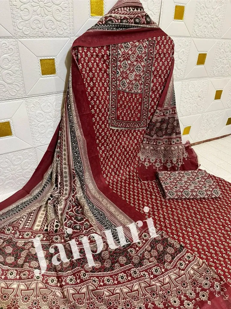 Pure Cotton Block Print Geometric Jaal Unstitched Suit Set (Maroon)