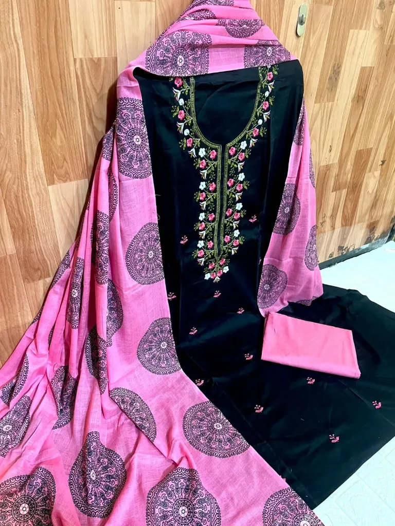 Pure Cotton Mandala Beautiful Neck Embroidery Unstitched Suit
