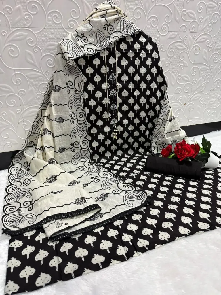 Pure Camric Cotton Chicken Work Digital Print Unstitched Suit Set