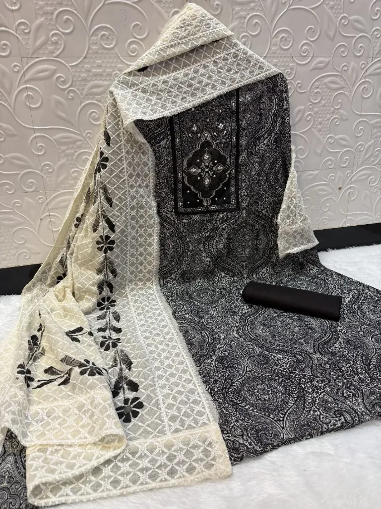 Pure Camric Cotton Paisley Jaal Chicken Work Unstitched Suit Set