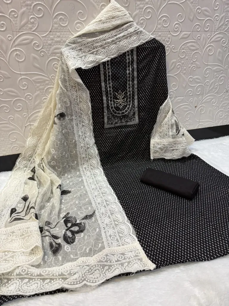 Pure Camric Cotton Lotus Neck Chicken Work Unstitched Suit Set