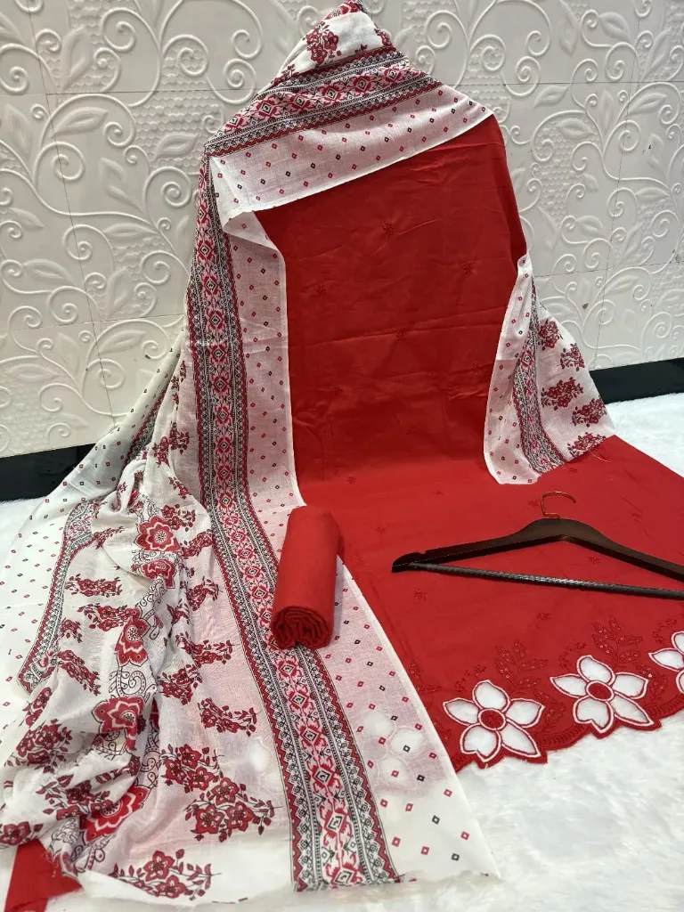 Pure Cotton Floral Scalloped Border Unstitched Suit Set